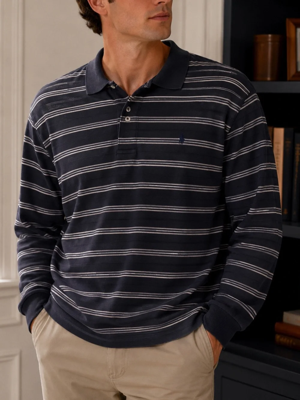 Vintage 90s Ralph Lauren Navy White Striped Long-Sleeve Rugby Polo Shirt Preppy